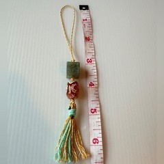 Handmade Green Jade Cube & Orange Dzi Agate Bead Tassel Keychain Purse Pendant