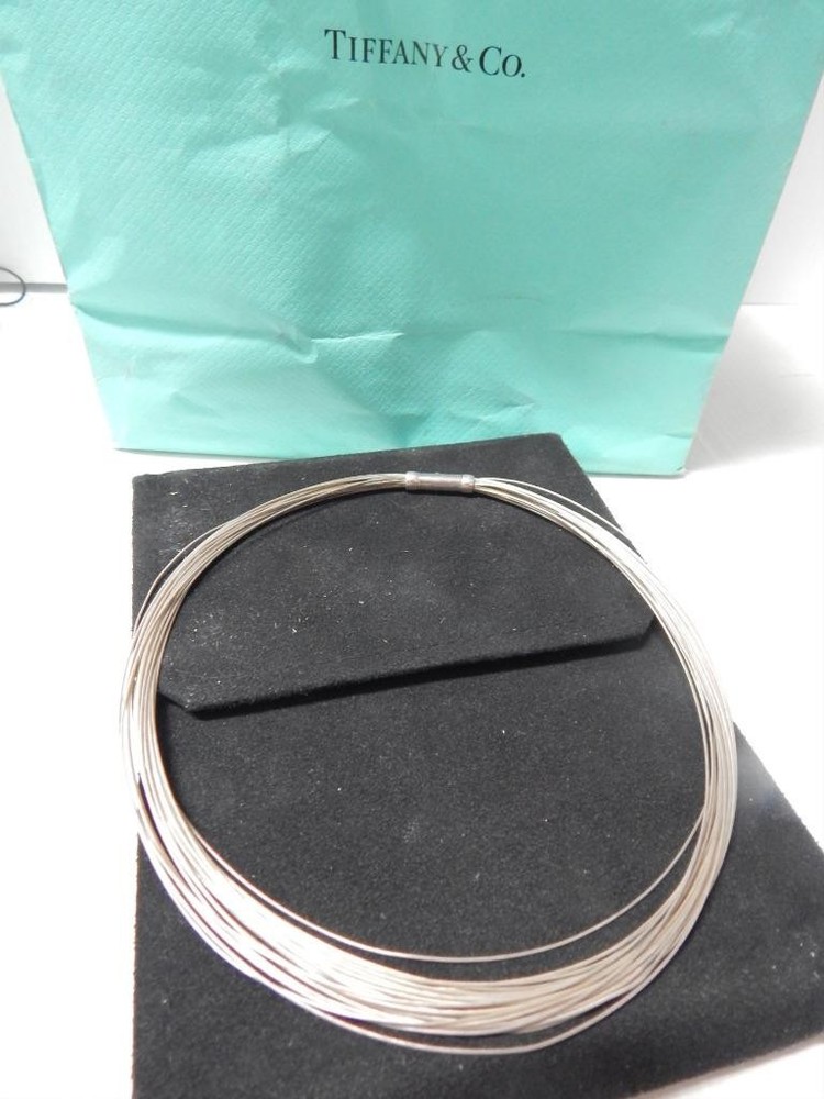 RARE TIFFANY STERLING SILVER MULTI WIRE CHOKER COLLAR NECKLACE VELVET CASE + BAG