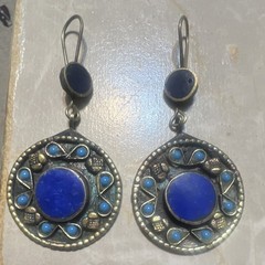 Handcrafted Lapis Lazuli Round Bezel Dangle Drop Earrings Silver Tone Hook