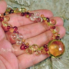 Lemon Quartz Prasiolite Garnet 19″ Cluster Necklace With 18K Solid Gold Clasp