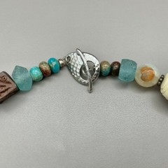 Mixed Bead Necklace Womens Teal Boho Artisan Lace Pendant Toggle Clasp 21 Inch