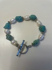 Turquoise and Freshwater Pearl Bracelet Sterling Silver Toggle Handmade Boho