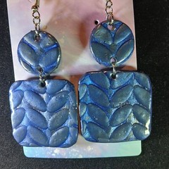 Navy Blue 2.5 Inch Square Shaped And Leaf Embossed Clay Earrings
