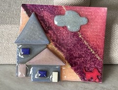 Colorful VTG Square House Pin By Lucinda Purple Pink Orange with Red Dog