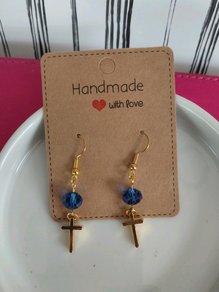 Glass Crystal Bead Handmade Dangle Earrings With Cross Charm – Recycled Jewelry