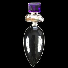 925 Sterling Silver Amethyst, Abalone And Black Onyx Tiered Pendant ☆Amazing!☆