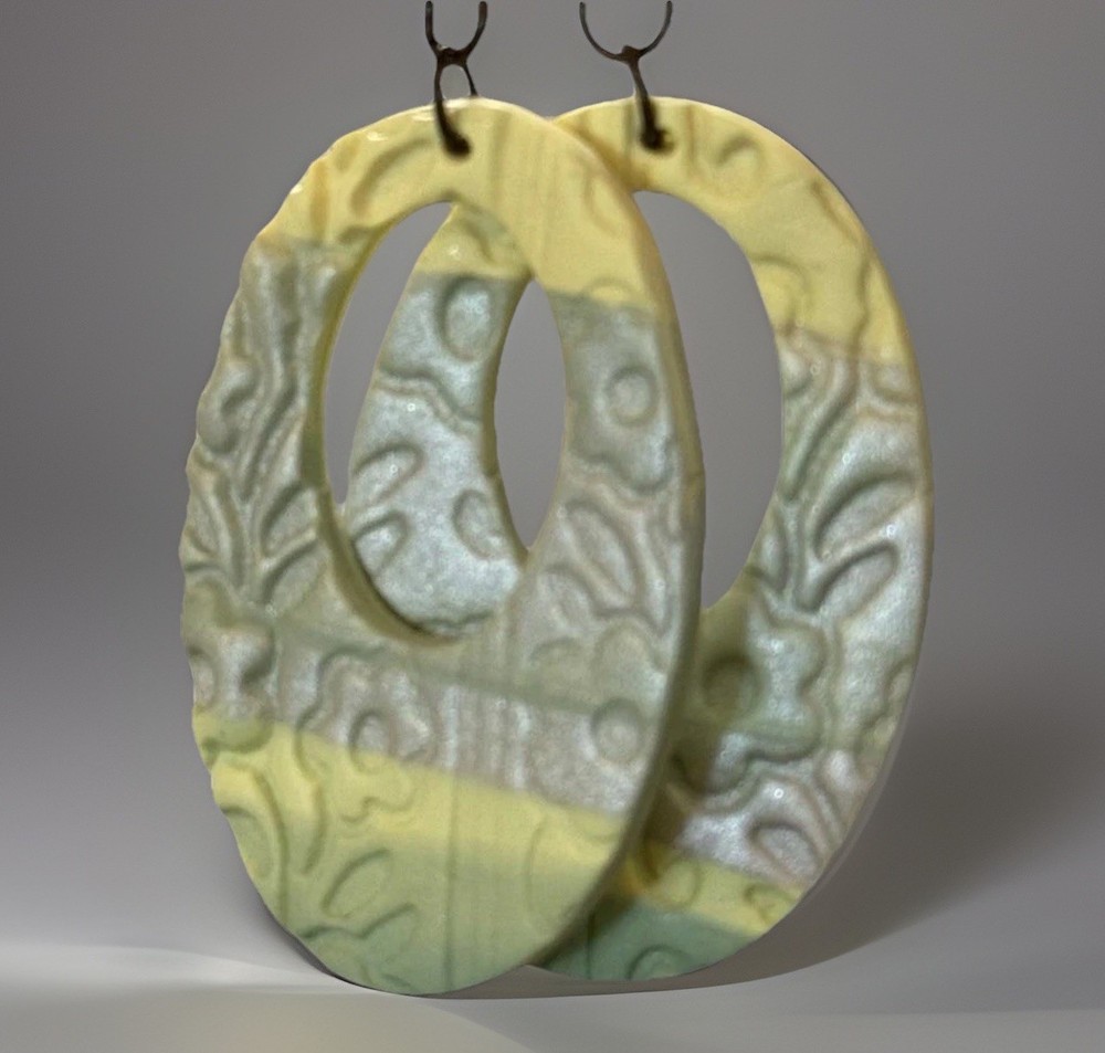 Handcrafted Artisan Oval Dangle Earrings Green/Yellow/Silver w/Floral Imprint