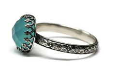 10mm Rose Cut Aqua Chalcedony Ring Symmetrical Flower Crown 925 Sterling Silver