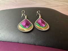 String Art Earings Tear Drop Shape Purple Greens 2″ Drop