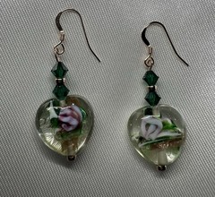 Artisan Dangle Earrings Lamp Work Green Hearts/Rose Gold Filled Ear Wires OOAK