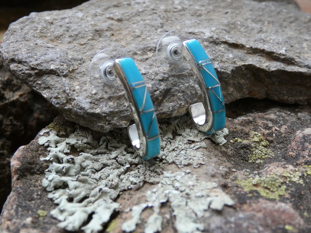 Turquoise & Opal Southwestern Sterling Silver 925 J Hook Post Earrings NEW G43