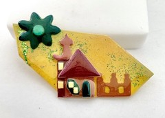 House Pins By Lucinda Brooch Green Flower Vintage Yellow Ochre Sky