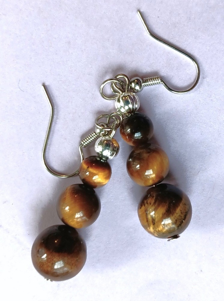 TIGERS EYE triple graduated size earring SP FISH HOOK artisan #N25