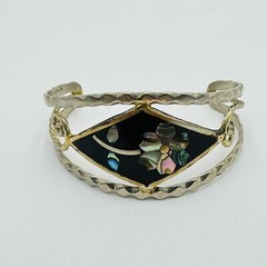 Vintage Mexican Alpaca Silver Abalone Inlay Flower Cuff Bracelet Stamped