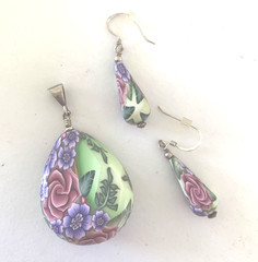 Handmade Resin Flower 2” Pendant & Matching Earrings Sterling Silver