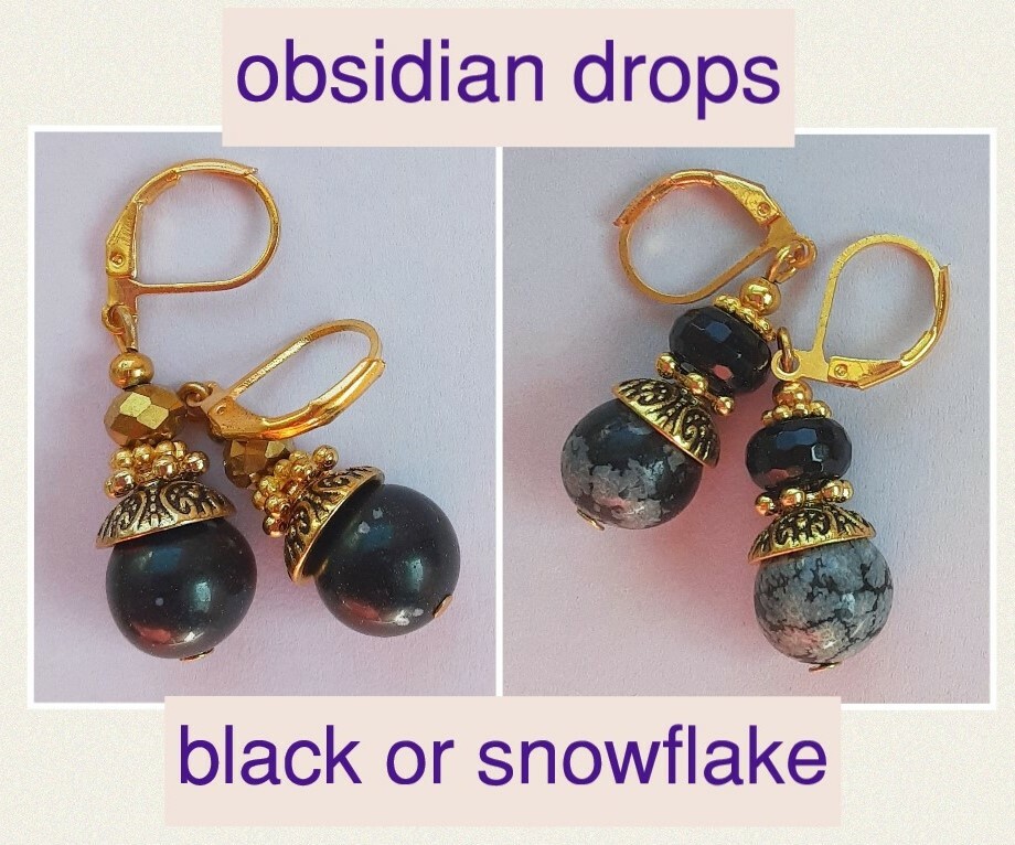 BLACK or SNOWFLAKE OBSIDIAN earrings GP Lever back handcrafted CHOOSE