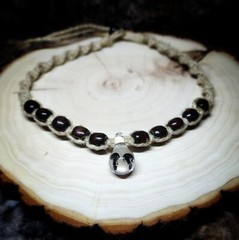 Hemp Necklace with Black Double Glass Mushroom & Dark Brown Wood Beads