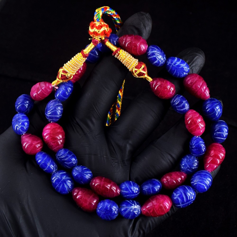 Wonderful Ruby & Sapphire Carved 354.00 Cts Beaded Necklace Jewelry RK 09 E779