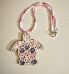 Summer Turtle Wooden Pendant Pink Beaded Handcrafted Artisan Necklace