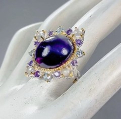 Amethyst, Moonstone, Topaz Cocktail Ring Unique 925 Two Tone Gold Plated