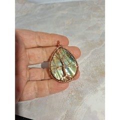 Artisan Mother of Pearl Copper Wire Wrapped Tree of Life Pendant Iridescent
