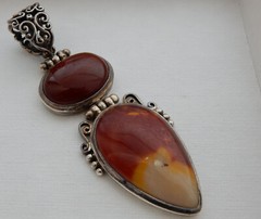 Two Stone 925 Sterling Silver Red-Brown Jasper, Carnelian Sard Pendant w Hinges