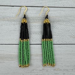 Jamaican Beaded Tassel Earrings – Handmade Green, Black & Gold Fringe Dangles
