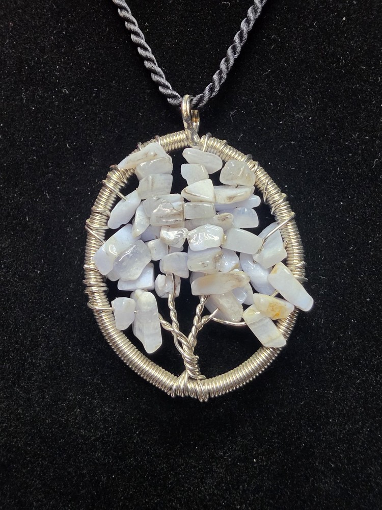 Handmade Black Lace Agate Tree of Life Wire Wrapped Crystal Healing Pendant 16″