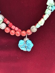 Natural Turquoise Coral Heishi Multi Strand Necklace and Tibetan Silver