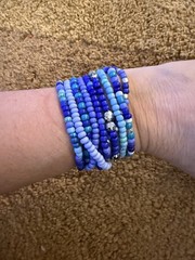 Blue Beaded Wrap Stackable Adjustable Bracelet Set Bohemian Glass Silver Women