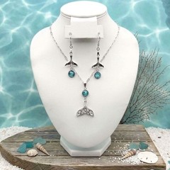 Silver Whale Tail & Mermaid Jewelry Set – Matching Necklace & Earrings