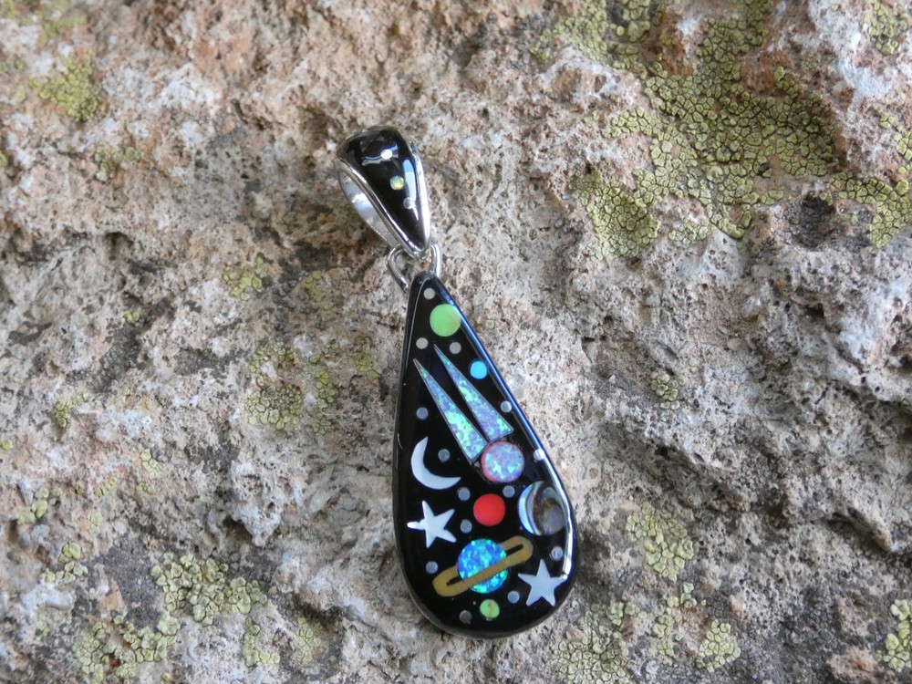 Celestial Night Sky Micro Inlay Multi Gemstone Sterling Silver 925 Pendant Q90