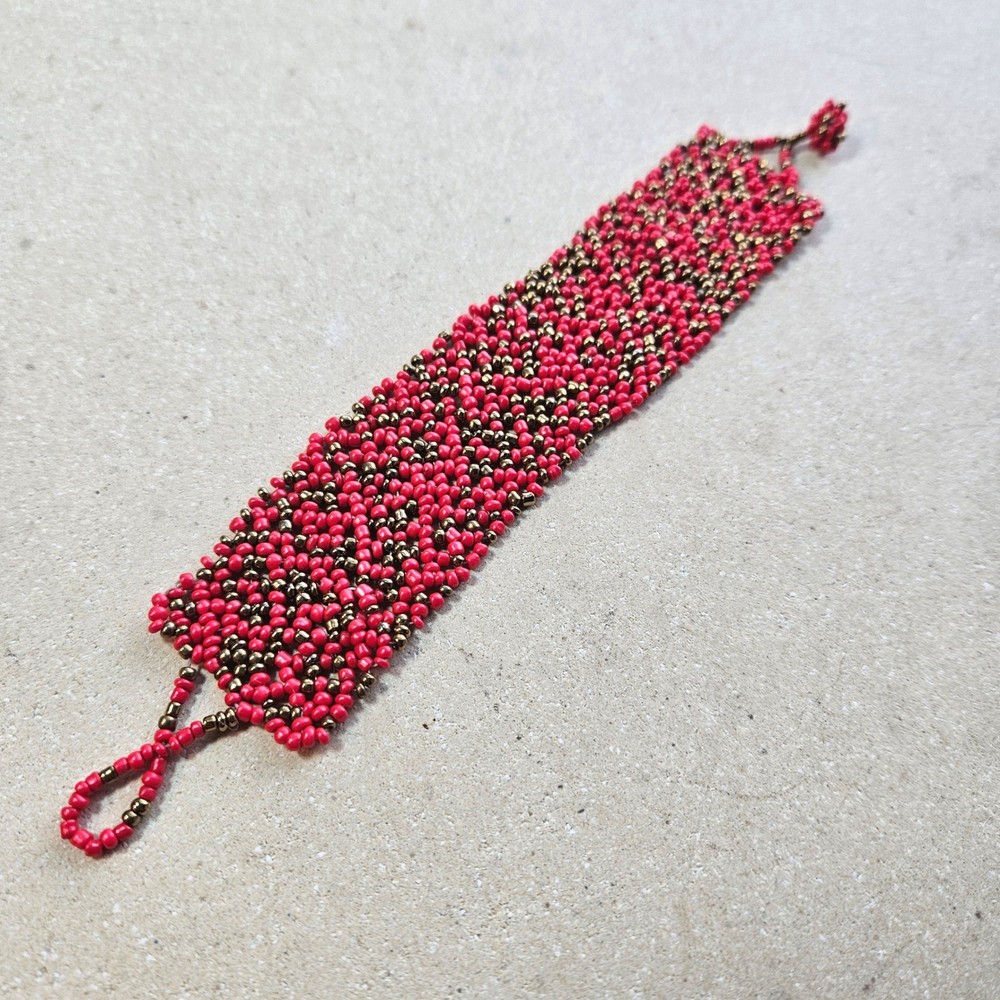Handcrafted Red and Bronze Seed Bead Wide Cuff Bracelet Boho Artisan Style