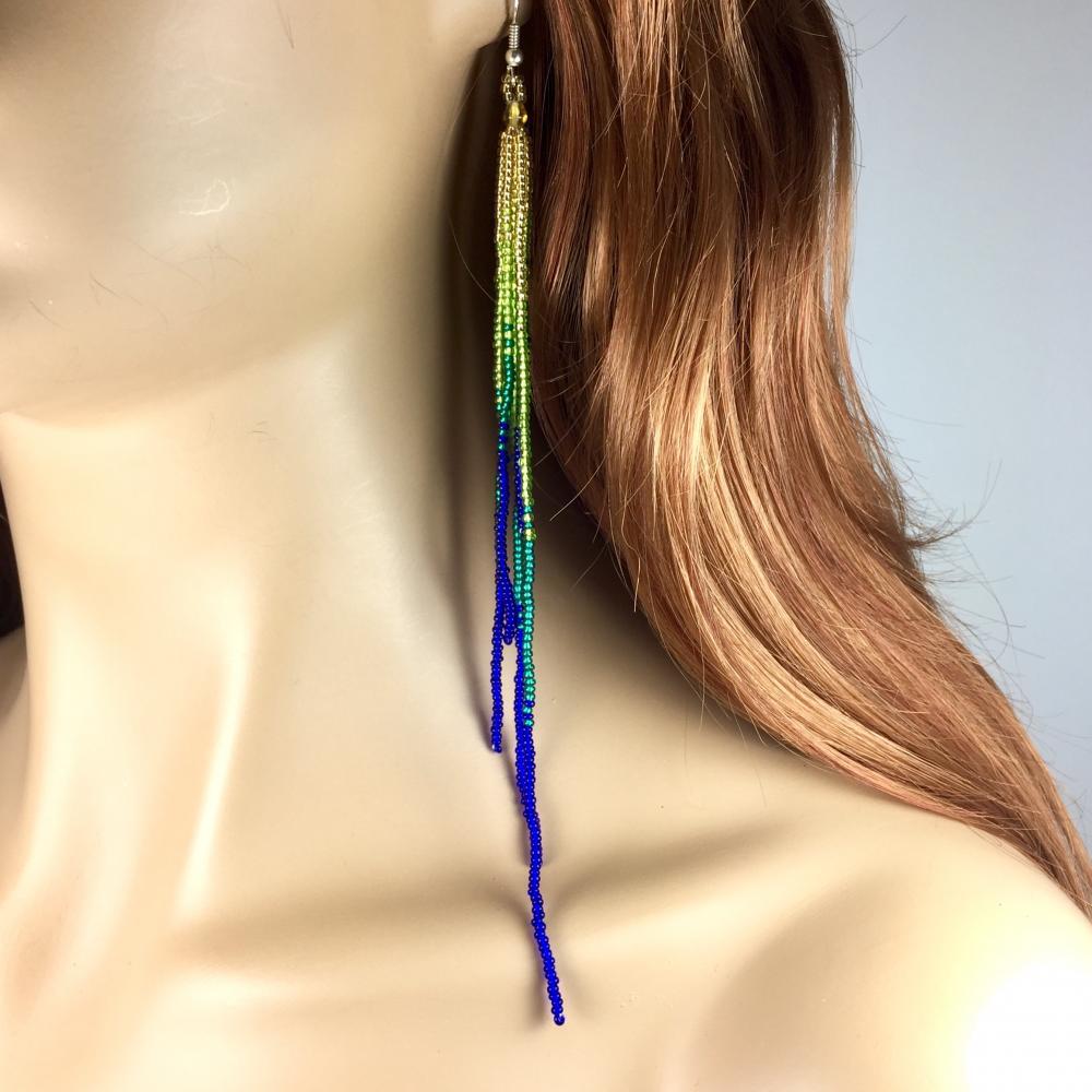 Handcrafted Beaded Green Blue Extra Long Earrings