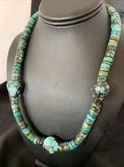 Men Chunky Spiderweb Turquoise Heishi Navajo Sterling Silver Necklace 21” 124506