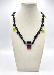 Boho Watermelon Art Glass Pendant Necklace Woven Cottage Cherries Leaves Stars
