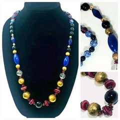 VTG Artisan 30″ NECKLACE Upcycle Brass Stone Glass Beads Buttons Multi-colored
