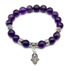 Handmade 8mm Amethyst Gemstone Protection Bracelet & Sterling Silver Hamsa Hand