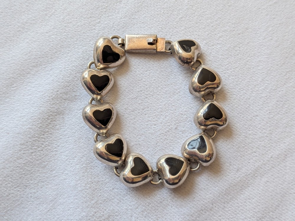 Vintage 925 Sterling Silver 925 handmade tennis Bracelet with onyx hearts