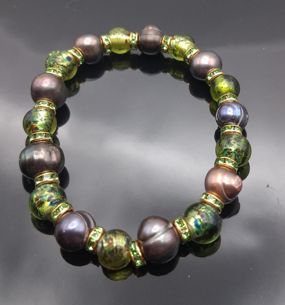 Black Baroque Pearls Green Handmade Lampwork Green Rhinestones Beaded Bracelet