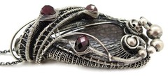 Agatized Dinosaur Bone and Rhodolite Garnet Wire-Wrapped Necklace in Sterling S