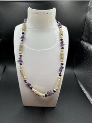 Boho Amethyst Chip & Bead Necklace with Jute Wrap Accents Natural Earthy Artisan