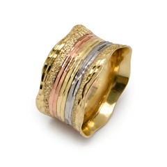Striped Wavy Wedding Band In 14K Tricolor Gold Solid Jewelry Florentine Finish