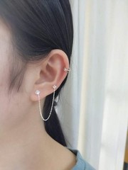 4 Prong CZ Round Stud With Chain Cuff S925 Sterling Silver Earrings for Women…
