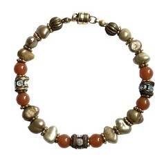 Beaded Bracelet Champagne Pearls Orange Glass Beads Magnetic Clasp Boho Indie