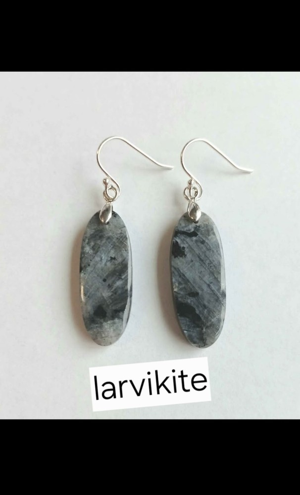 Handcrafted Larvikite Dangle Earrings 925 Sterling Silver Natural Stone