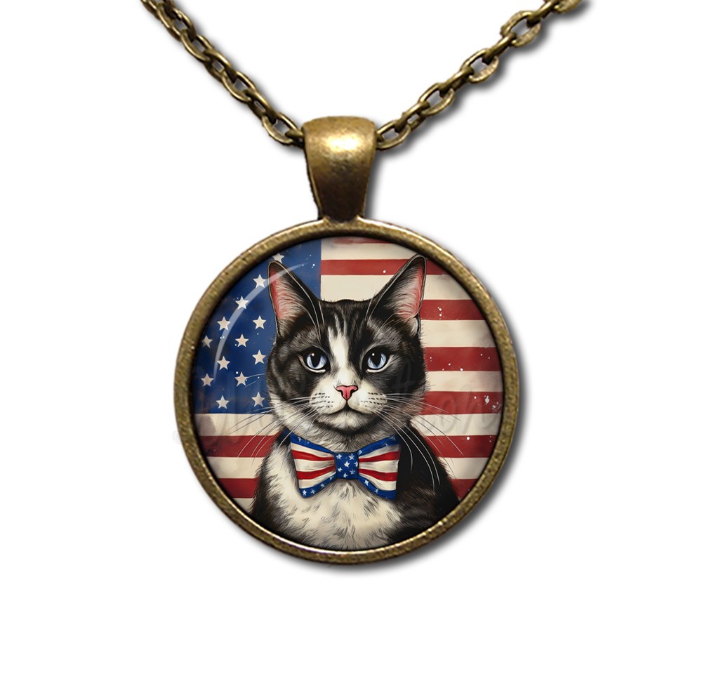 Patriotic Tuxedo Cat American Flag – Handmade ROUND Glass Pendant Necklace