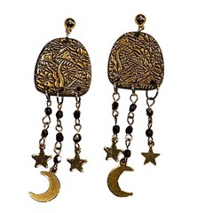 Mushroom Embossed Polymer Clay Dangle Earrings Moon Stars Boho Cottagecore