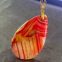 Striped Dragon Vein Agate Necklace 18″ Red Yellow Orange Teardrop 55x35mm beawen