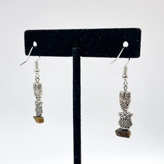 Handmade Artisan Silver-tone Owl Earrings w/ Tiger Eye and Stainless Steel Hooks